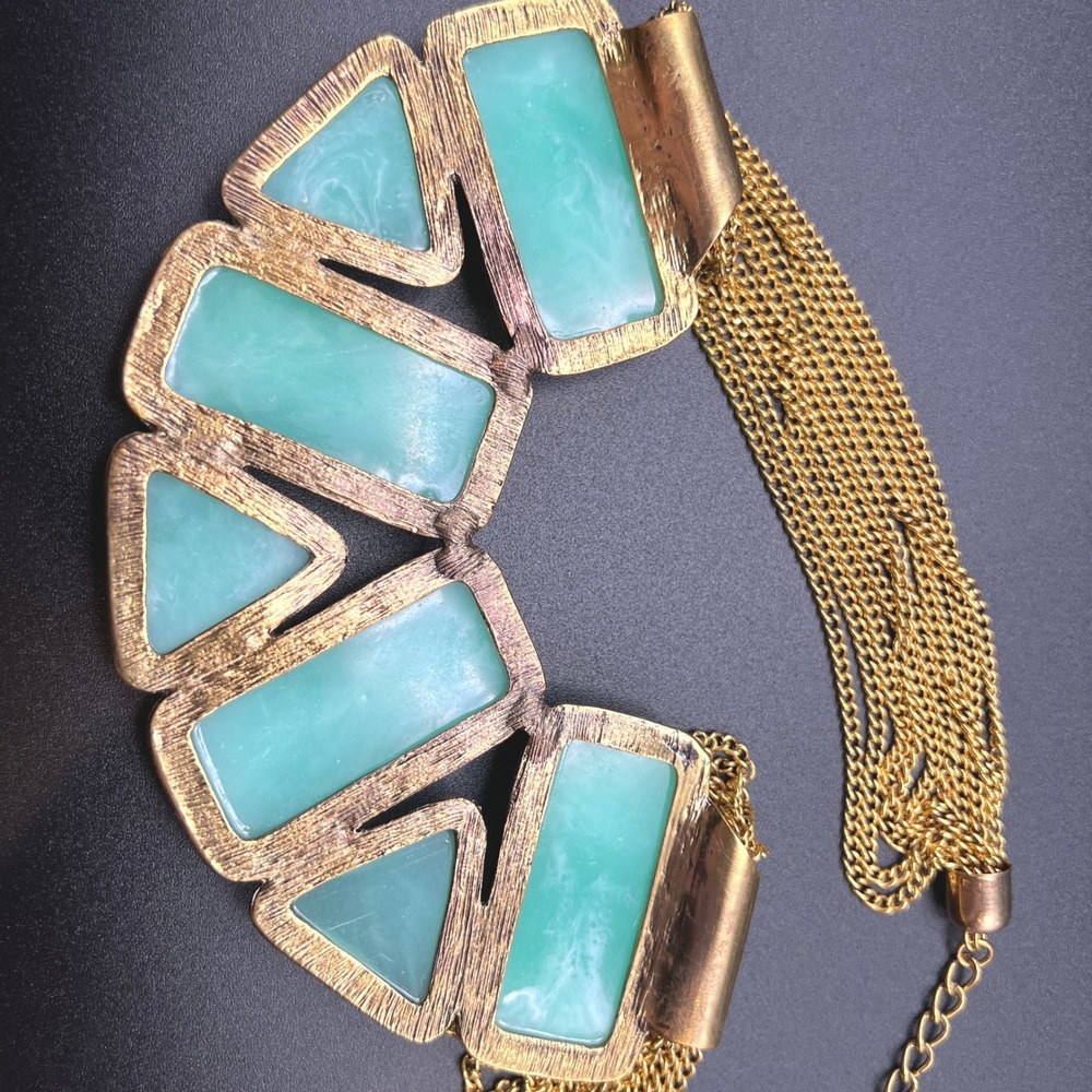 VTG Amrita Singh Statement Necklace Green Gold Chunky Geometric Marbled‎ Resin - Picture 6 of 13